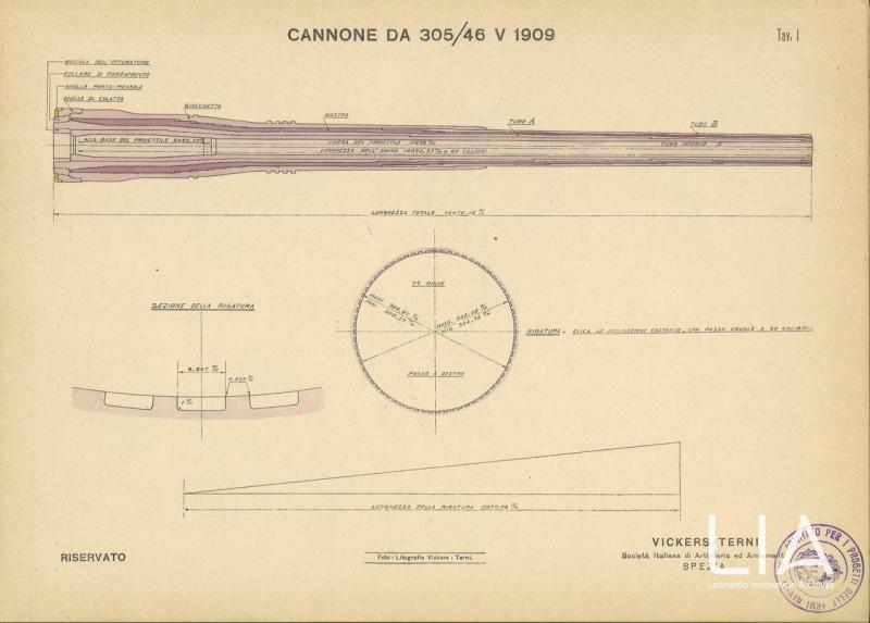 Disegno tecnico di una bocca da fuoco da 305/46 prodotta dalla Vikers Terni