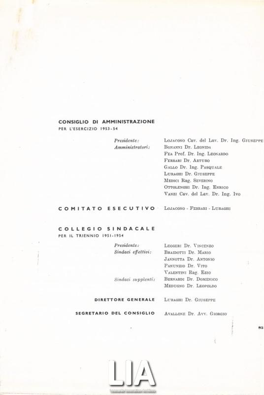 Cariche sociali per l'esercizio 1953-54