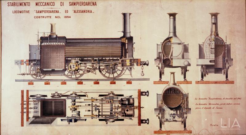 Disegno tecnico della locomotiva Sampierdarena, prima locomotiva di fabbricazione interamente italiana prodotta dalla Gio. Ansaldo & C.; 1854