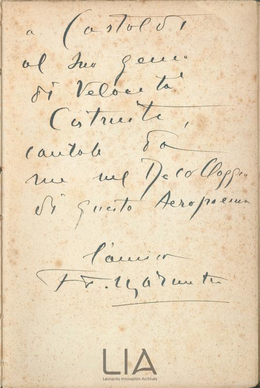 Dedica autografa al progettista Castoldi da parte dell'autore F.T. Marinetti 