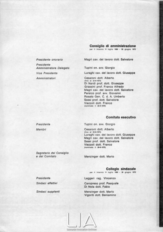 Cariche sociali per il triennio 1 luglio 1969 - 30 giugno 1970