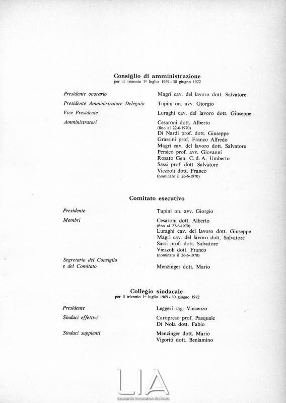 Cariche sociali per il triennio 1 luglio 1969 - 30 giugno 1972
