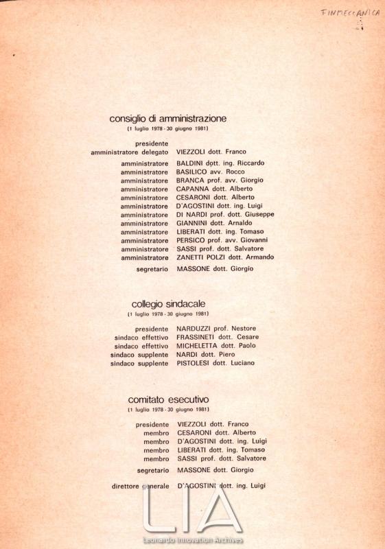 Cariche sociali per il triennio 1 luglio 1978 - 30 giugno 1981