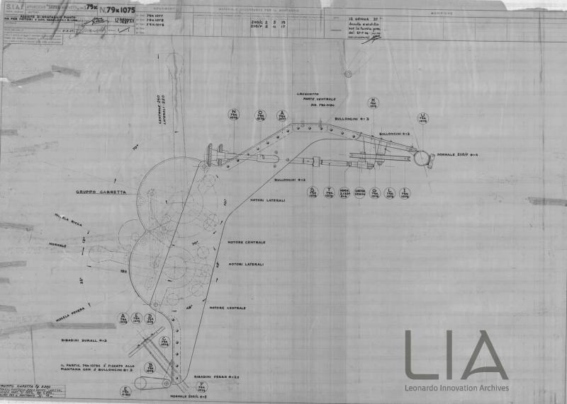SIAI Marchetti - S.79K. Assieme di montaggio piantana per motori  e comando manoliera e ruota di coda