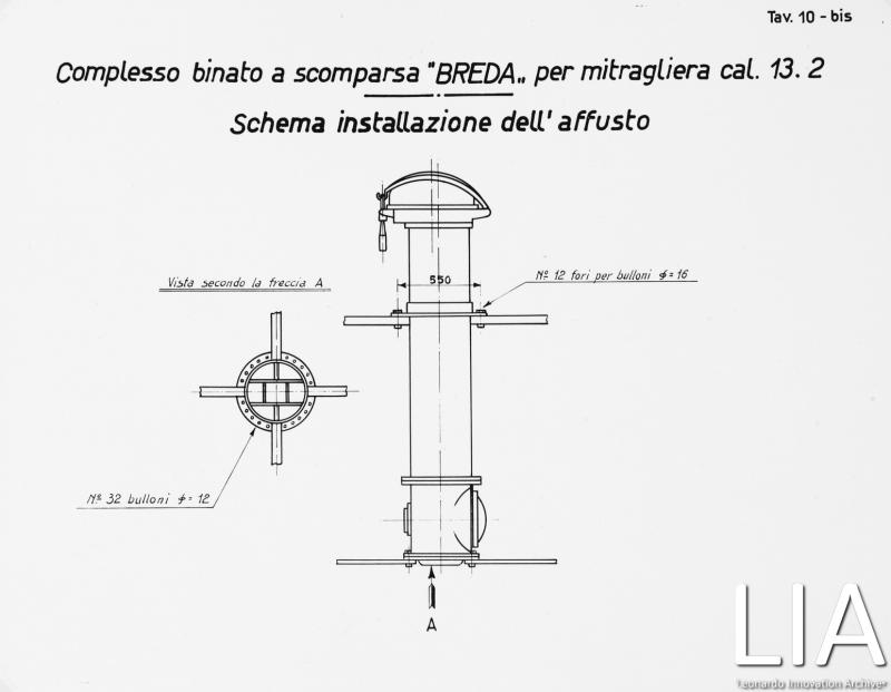 BMB - Disegno schema installazione dell’affusto di complesso binato a scomparsa da 13,2 Regia Marina
