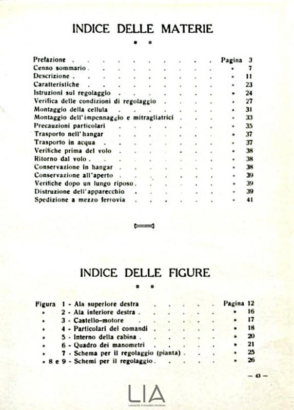 Nieuport-Macchi M.5 - manuale di istruzioni e norme - indice 1.