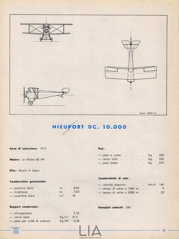 Nieuport D.C. 10000 - scheda tecnica con  disegno del trittico