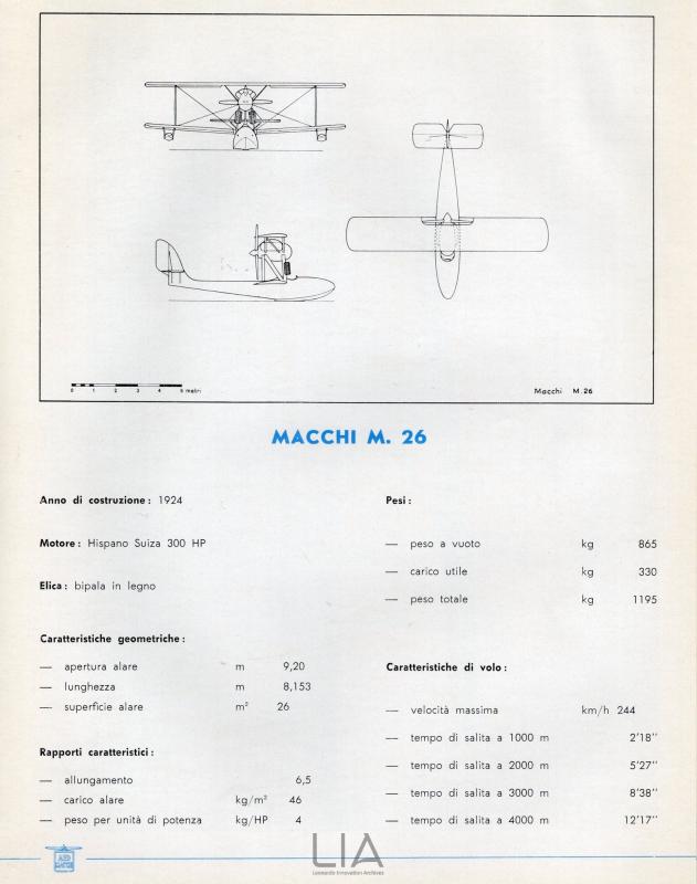 Macchi M.26 - scheda tecnica con  disegno del trittico