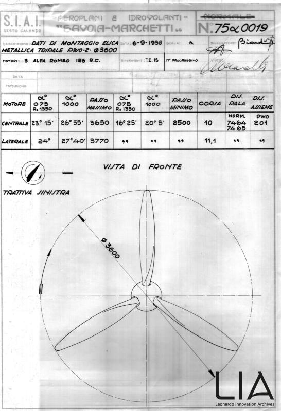 SIAI Marchetti - Eliche - Dati di montaggio elica metallica tripale PWO - 2 - diam. 3600