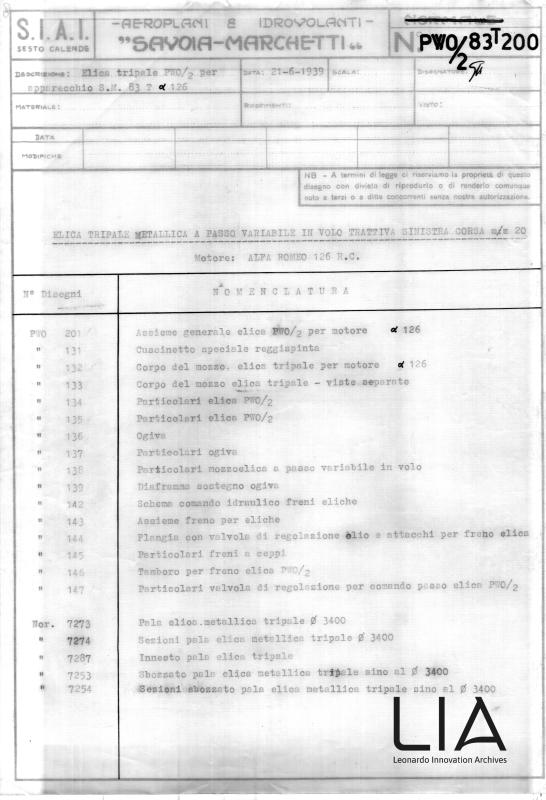 SIAI Marchetti - Eliche - Elica tripale PWO/2 per apparecchio S.M.83T α126