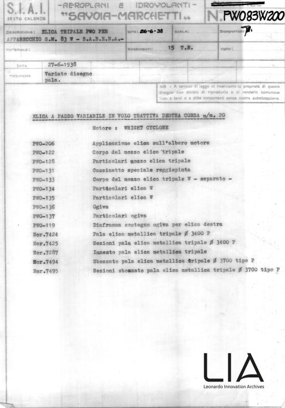 SIAI Marchetti - Eliche - Elica tripale PWO per apparecchio S.M.83W - S.A.B.E.N.A.