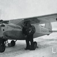 Il primo volo del prototipo dell’MB.308, in partenza dal campo innevato di Venegono, ai comandi il pilota collaudatore G. Carestiato, 1947