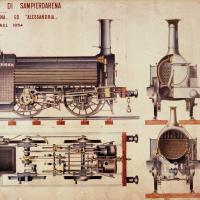 Disegno tecnico della locomotiva Sampierdarena, prima locomotiva di fabbricazione interamente italiana prodotta dalla Gio. Ansaldo & C.; 1854